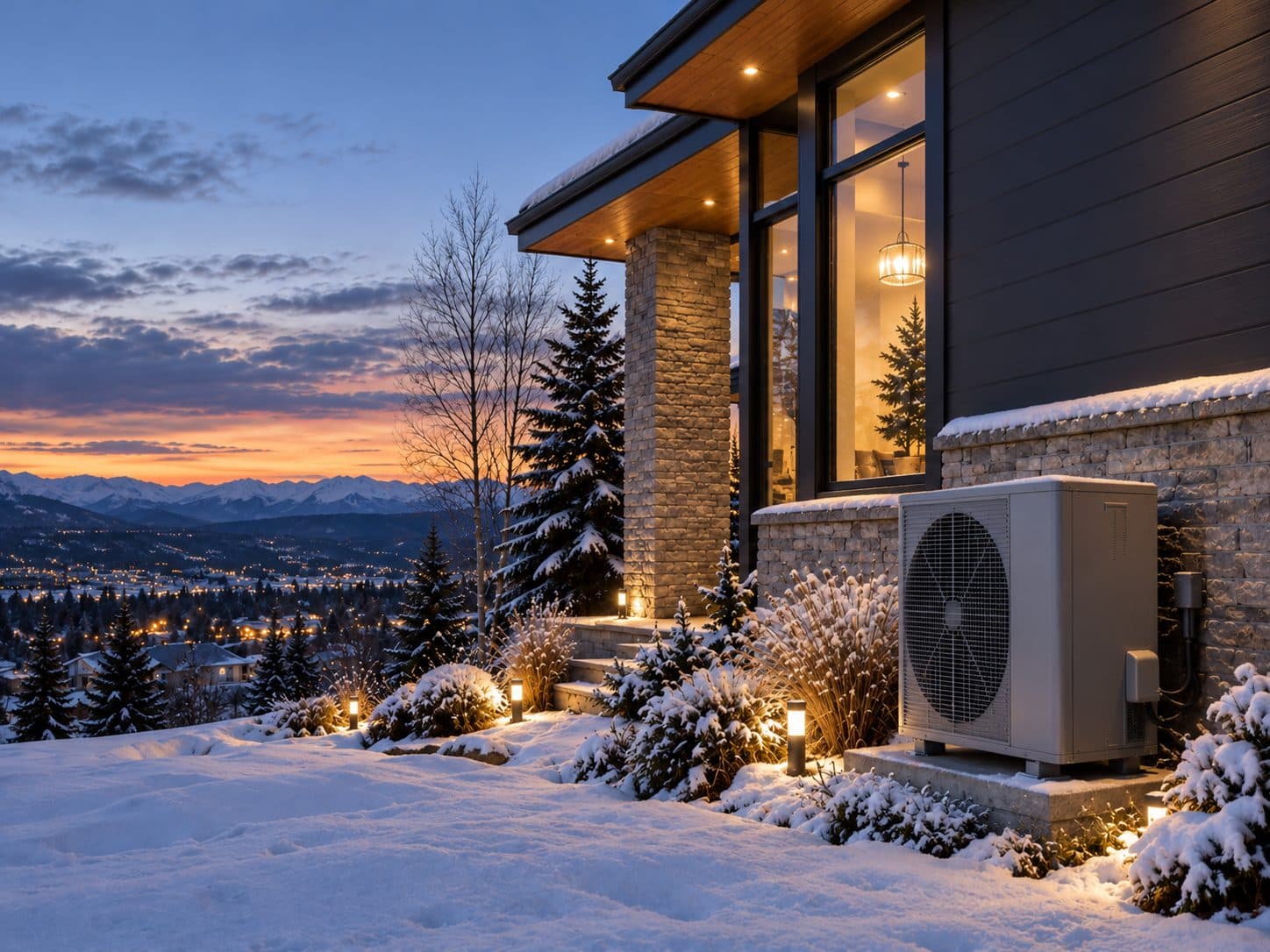 An outdoor heat pump beside a snow-covered home
