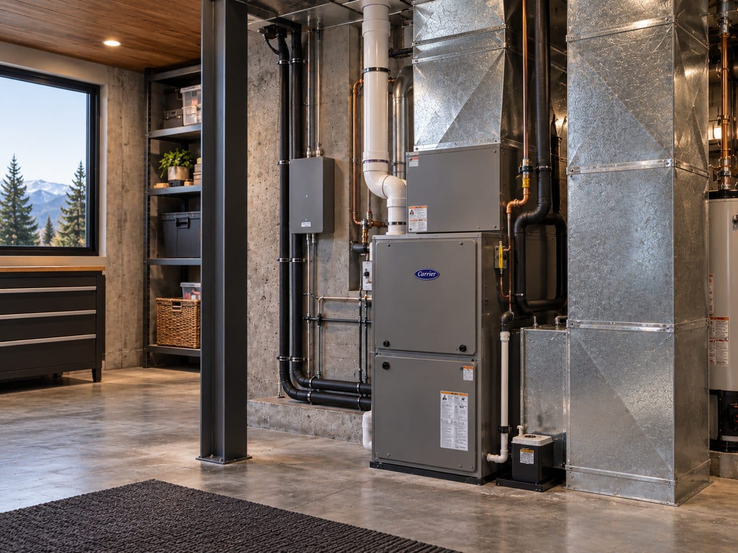 Heating and cooling equipment in a residential mechanical room